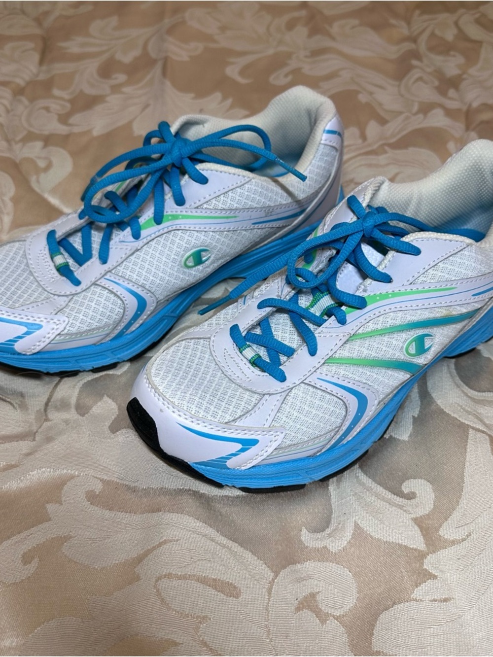 Champion White Mesh Sneakers with Blue Laces & Aqua Accents
